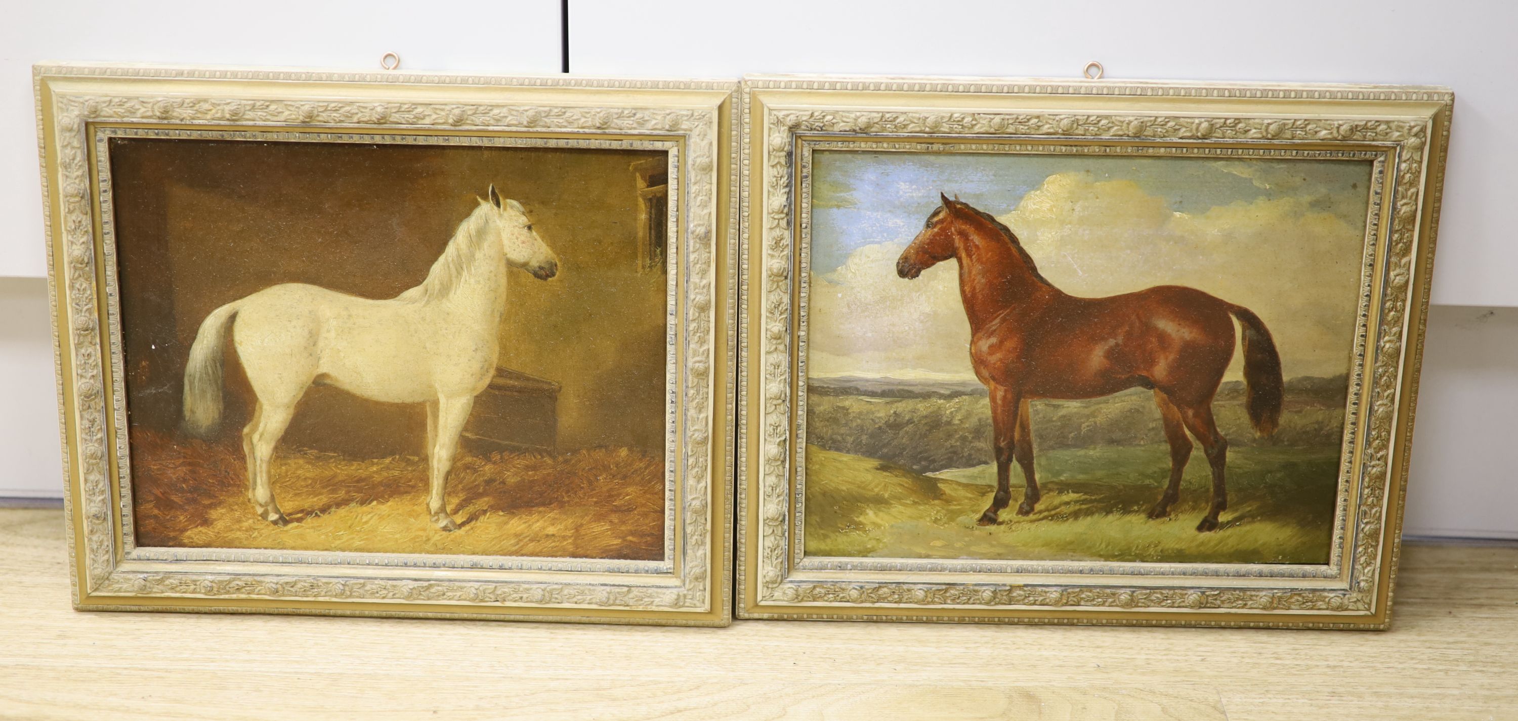 19th century English School, pair of oils on board, Portraits of horses in a stable and a landscape, 19.5 x 24.5cm